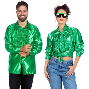 Jaren 80 & 90 Kostuum | Groene Ruchesblouse Satijn Foute Disco | Maat 56 | Carnaval kostuum | Verkleedkleding