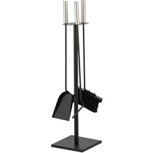 Haardset voor open haard - pook, asschep, borstel & standaard - modern haardgereedschap - zwart