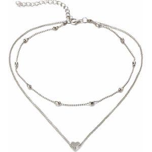 Fako Bijoux® - Ketting - Dubbele Choker Layer - Hartje - Zilverkleurig