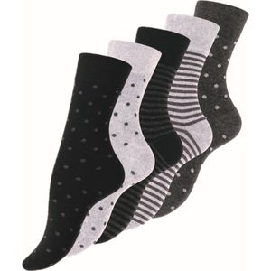 5 Paar damessokken - 75% katoen – met leuk motief – zwart– maat 35/38