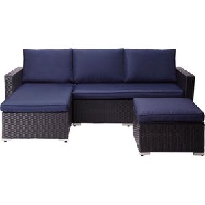 Teamson Home 3-Delig Hoek Loungeset - Tuinmeubelen - Tuinbank - Omvat Tafel en Kussens - Rotan - Bruin/Blauw