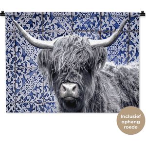 Wandkleed - Wanddoek - Schotse hooglander - Delfts blauw - Zwart - Wit - 90x67.5 cm - Wandtapijt