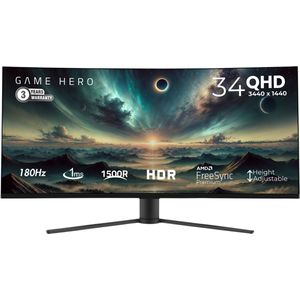 GAME HERO® 34 inch QHD VA Curved Monitor - Gaming Monitor - 180hz Monitor - 1ms