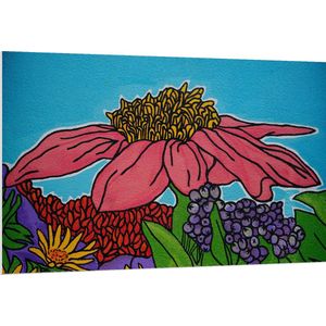PVC Schuimplaat - Cartoon Tekening van Roze, Paarse, Gele en Rode Bloemen - 150x100 cm Foto op PVC Schuimplaat (Met Ophangsysteem)