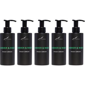 Shower & Wash Fresh Ginger 300 ml - met pomp - zwarte fles - set van 5 stuks - Voordeelverpakking
