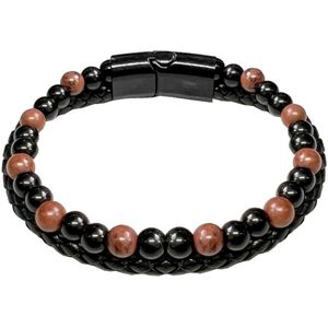 Fako Bijoux® - Leren Natuurstenen Armband Heren - Zwart Leer - Zwarte & Bruine Jaspis Natuursteen - 6mm - 21cm - Zwart/Bruine Jaspis