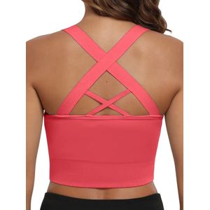 STRIDE Dames Sport BH - Comfortabel - Zacht Materiaal - Comfortabel - Ademend - Medium Ondersteuning - Lichtgewicht - Cross-Back Ontwerp - met Uitneembare Pads - Koraal - Maat M