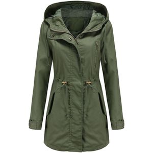 Vrouwen lichtgewicht jas trench, tool tas met koord taille hooded hoodie, rits herfst casual jas met zakken, katoen trench met capuchon, legergroen maat L