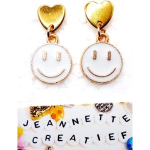 Jeannette-Creatief® - Fun - Smiley Wit - Witte Oorbellen - Oorbellen Dames - Gouden Hartjes