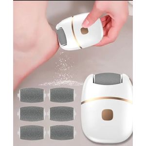 Oplaadbare elektrische voetpil, met 6 vervangbare hoofden, voor het verwijderen van dode huid en het polijsten, USB-aangedreven, een glad ontwerp in twee kleuren (wit en goud), ergonomische handgreep voor comfortabele gebruik.