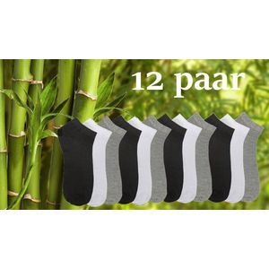 Bamboe | Enkelsokken | Dames | Maat 35-38 | 12 paar | Zwart, Licht grijs, Donker grijs en Wit |