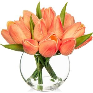 Kleine kunstbloem in vaas - echte touch faux tulpen - kubus glazen vaas - mini perzik tulp boeket - tafel middelpunt decor - set van 14