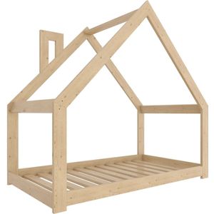 Need Sleep - Montessori Kinderbed Huisbed Peuterbed - Naturel Hout - 90x190 cm - met schoorsteen - symmetrisch