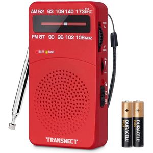 TRANSNECT® - Draagbare Noodradio - Rood - AM/FM - Op Batterijen - Koptelefoonaansluiting - Draagbare Radio - Wereldradio - Noodpakket Must Have - Zakradio - Voor Rampen - Kleine - Transistor Radio - Telescopische Antenne