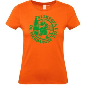 Dames T-shirt Cartoon Vierdaagse 2023 | Vierdaagse shirt | Wandelvierdaagse Nijmegen | Roze woensdag | Oranje | maat XS