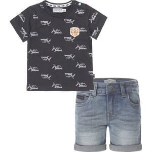 Koko Noko - Kledingset - Jongens - Short Blue Jeans - Shirt Navy met haaien - Maat 80
