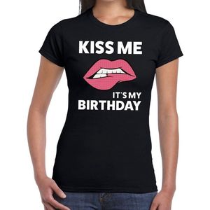 Kiss me it is my birthday t-shirt zwart dames - feest shirts dames L