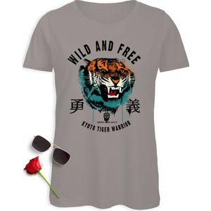 B & C - T Shirt Dames - Tijger Wild en Vrij - Grijs - Maat S