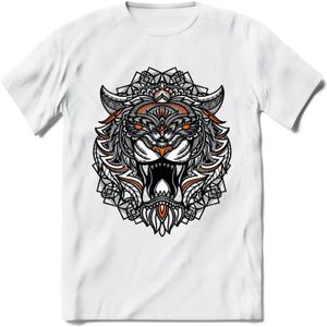 Tijger - Dieren Mandala T-Shirt | Oranje | Grappig Verjaardag Zentangle Dierenkop Cadeau Shirt | Dames - Heren - Unisex | Wildlife Tshirt Kleding Kado | - Wit - XXL
