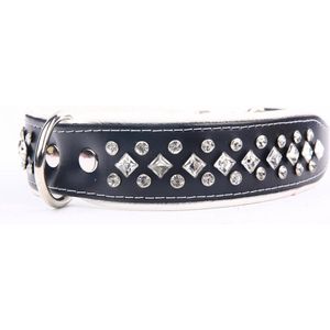 Dog's Companion Leren Halsband - met Strass Kristallen - Lengte: 65 cm Verstelbaar van 51-60 cm x 50 mm - Zwart/Wit