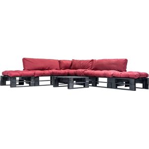 The Living Store Pallet loungeset - grenenhout - 280x235 cm - rood kussen
