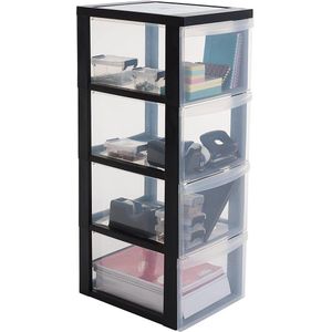 Toren Ladekast Kunststof - Opbergorganizer met Ergonomisch Handvat - 15L - 4 Lades - Wielen - BPA-vrij - Kantoor Slaapkamer Woonkamer - DC-304 Zwart - Ideaal voor Thuisorganisatie Ladenkast