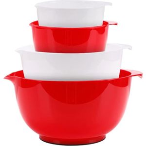 Mengkom set mixing bowl set kunststof slakom antislip stapelbaar serveerschalen voor keuken 4-delige mengkomset (rood & wit)