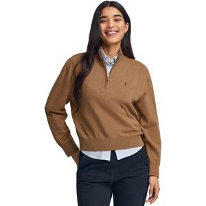 Gemêleerd camelkleurige trui van wolmix met halve rits en geborduurd Rigby Go-logo