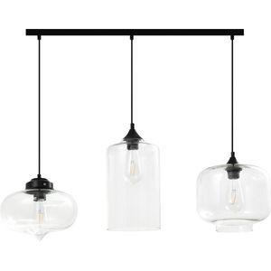QUVIO Hanglamp retro - Hanglampen eetkamer - Lampen - Plafondlamp - Verlichting - Keukenverlichting - Lamp - E27 Fitting - Met 3 Lichtpunten - Voor binnen - Metaal - Glas - 80 x 26 cm (b x d) - Zwart