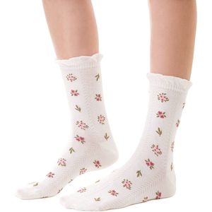 Off white retro sokken met ruches-bloemenprint-zacht & naadloos katoen-2 paar-maat 35-37