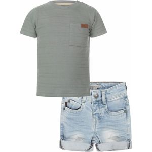Koko Noko - Kledingset - Jongens - Grey Jeans Short - Shirt Dusty Green - Maat 110