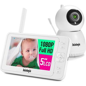 Video Babyfoon met Camera 1080P FHD 5 Inch LCD Display Dag en Nachtzicht 140 m Bereik Groothoeklens met Alarmfunctie en Temperatuursensor (Parelwit)