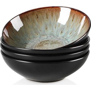 Ramen Bowl Ontbijtkomset - Bubble Aardewerk - 720 ml - 4 delige set - Reactieve Glazuur - Bruine Kom - 178 cm - Salade-fruit-snack-dessert-soepkom
