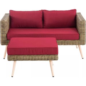 In And OutdoorMatch Zitbank met voetenbank Ola - 45cm - Rood/bruin - 2 zitsbank - Wicker - Rotan - Voor buiten - Loungebank - Tuinbank