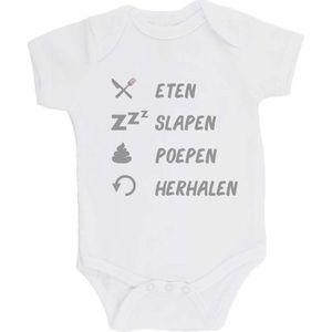 100% katoenen Romper bedrukt met grappige tekst Kado Cadeau Kraamkado Kraamcadeau ""Eten Slapen Poepen Herhalen Unisex Katoen Wit/grijs Maat 56/62
