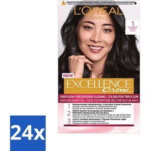 L'Oréal Paris - Excellence Crème - Zwart 1 - Haarverf - Permanente Haarkleuring - Voordeelverpakking - 24 stuks