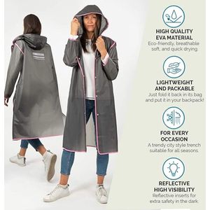 Lange Regenjas Man Vrouw met Capuchon en Reflecterende Details - Waterbestendige Regenponcho met Lange Mouwen en Knopen - Draagbare Poncho Jas Regen Modder - Perletti ,Grijs met Roze Rand