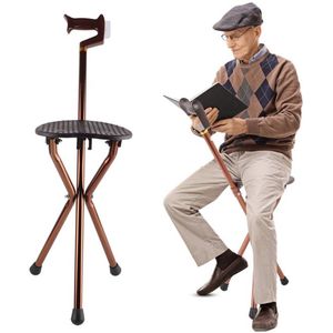 Coopi - Verstelbare Wandelstok met Zitting - Opvouwbaar-Antislip-120kg Capaciteit-Inclusief Zitkussen & Voetkussens - Koffie Aluminium