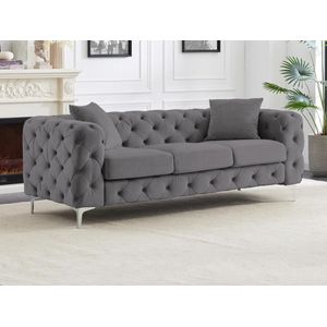 EDWINA Antracietgrijze Velours Chesterfield Driezitsbank - Retro Comfort met Industriële Uitstraling