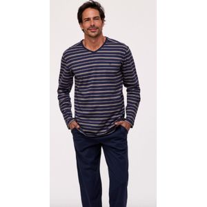 Woody, herenpyjama, blauw-beige gestreept, M