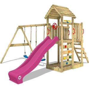 WICKEY speeltoestel klimtoestel MultiFlyer met houten dak, schommel & paarse glijbaan, outdoor klimtoren voor kinderen met zandbak, ladder & speel-accessoires voor de tuin