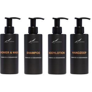 Compleet pakket Sweet Orange & Cedarwood - Shower & Wash + Shampoo + Bodylotion + Handzeep - 300 ml per fles - complete set van 4 stuks - bodycare - luxe fles - Cadeau