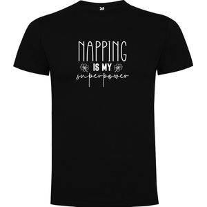 Zwart T-Shirt met “Napping is my SuperPower“ Afbeelding Wit Maat L