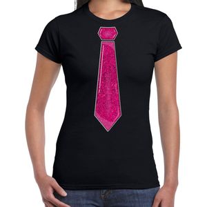 Bellatio Decorations Verkleed shirt dames - stropdas glitter roze - zwart - carnaval - foute party XS