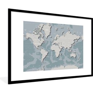 Fotolijst incl. Poster - Wereldkaart - Blauw - Grijs - Kids - Jongetjes - Meisje - 90x60 cm - Posterlijst
