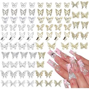 80pcs Butterfly Nail Pendants - Silver Nail Butterfly Charms - Gold Butterfly Pendants for Nails - 3D Butterfly Nail Hangers voor Acrylic Nails