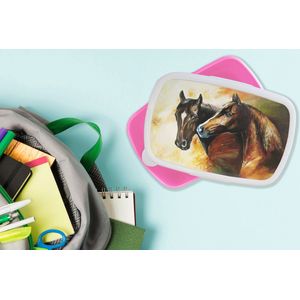 Broodtrommel Roze - Lunchbox - Brooddoos - Schilderij - Paarden - Dieren - Olieverf - 18x12x6 cm - Kinderen - Meisje
