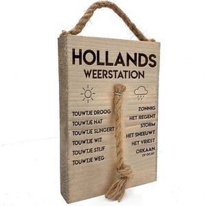 Weerplankje “Hollands weerstation” | Tekstplankje | Houten ""weerstation"" met touwtje | Lasergravure in steigerhout | Origineel cadeau | Voor binnen en buiten | Met stoer ophangkoord