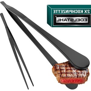 Roestvrij stalen kookpincet set - 2 stuks ronde grillpincet en puntige keukenpincet - voor koken, braden en decoreren - 30 cm zwart