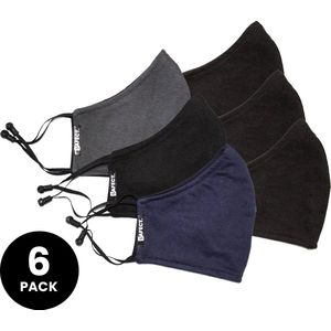 6-pack SAFECT Wasbare mondkapjes - 100% organisch katoenen mondmaskers - (navy, grijs en 4 x zwart) - Herbruikbaar en wasbaar mondkapje